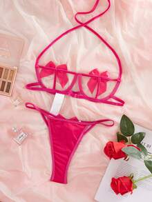 SHEIN Set de lencería con abertura con diseño de lazo con aro - Rosa Fucsia - Ver 2