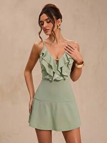 SHEIN BAE Spring Summer Sage Green Spaghetti Strap V-Neck Ruffle Waist Cinched Short A-Line Dress Fresh Sweet Beach Holiday Wedding Romantic Elegant - Green - View 1