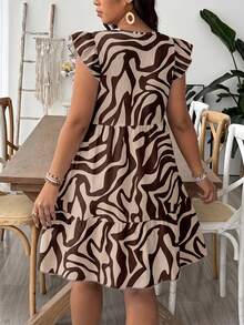 SHEIN VCAY Chic Boho Zebra-Print Tiered Mini Dress With Flutter Sleeves, Ruffled Hem And Relaxed Babydoll Silhouette Vacation Beige Summer - Multicolor - View 2