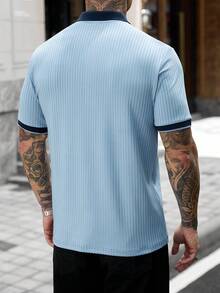 Manfinity CasualCool Men's Button Half-Placket Ribbed Short Sleeve Polo Shirt - Blue - View 2