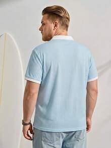 VeloEdit Plus Size Men's Solid Color Short Sleeve Polo Shirt, Fashionable For Summer Fall Winter - Baby Blue - View 3