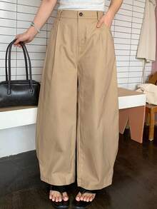 Dazy Petite Curve Pantalones de pierna curva versátiles de estilo callejero blogger casual color caqui sólido para mujer talla grande primavera verano otoño - Caqui - Ver 9