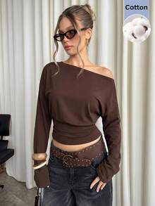 SHEIN BAE 女款純色棕色棉質不對稱肩長袖抓皺時尚上衣 - 棕色 - 查看 7