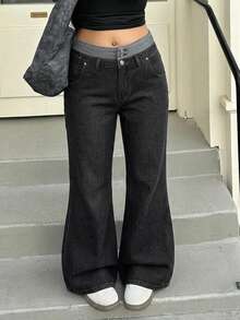 Dazy Plus Fashion Casual Colorblock Patchwork Waistband 3-Button Decor Loose Straight Leg Long Plus Size Women's Jeans All Season - Dark Wash - View 7