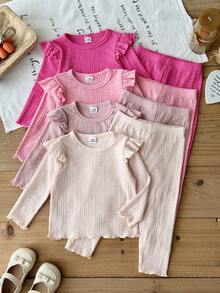 SHEIN Vintaside Kids 女嬰 0-3 歲 8 件組 春秋可愛休閒簡約外出套裝 4 件上衣與 4 件長褲 - 彩色 - 查看 4