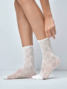 Softvol 1 Pair Women/Girls Solid Color Fashionable Mesh Boat Socks, Autumn Socks,White Socks - White - View 7