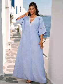 Maweii Plus Size Women's Spring Summer Casual Vacation Vintage Minimalist Loose V-Neck Dolman Sleeve Short Sleeve Woven Striped Dress - Blue and White - View 5
