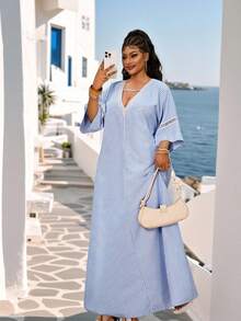 Maweii Plus Size Women's Spring Summer Casual Vacation Vintage Minimalist Loose V-Neck Dolman Sleeve Short Sleeve Woven Striped Dress - Blue and White - View 4