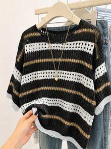 EMERY ROSE Plus-Size Round-Neck Knit Top With Contrast Stripes, Cutout & Crochet Details. Loose Fit, Simple & V - Black - View 3