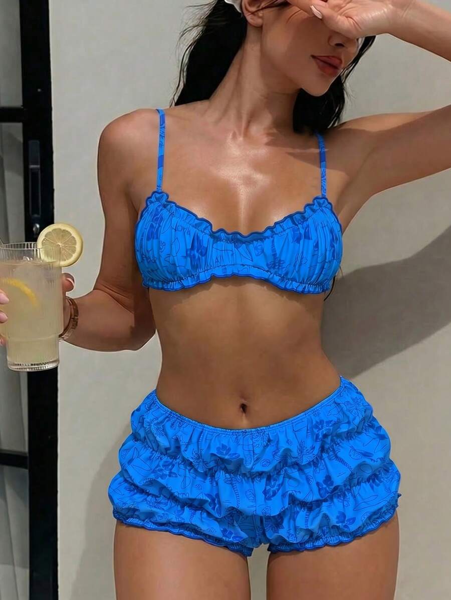 SHEIN Swim 女士性感印花褶皱比基尼套装 - 藍色 - 查看 1