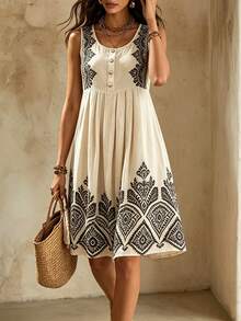 Selamara Women's Summer Round Neck Bohemian Print Dress - Apricot - View 3