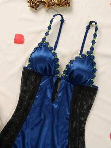Seduluxe Women's Lace Patchwork Satin Nightgown, 1pc - Navy Blue - View 3