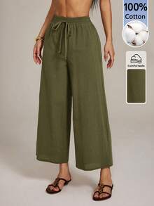 SHEIN PETITE Women's Solid Color Drawstring Waist Casual Versatile Daily Wear Wide Leg Long Pants Vacation Olive Green Summer - Army Green - View 3