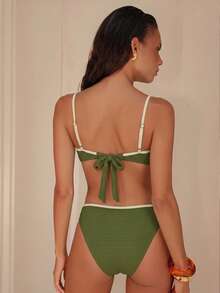 Costavie Women's Summer Beach Solid Color Knit Jacquard Fabric Shell Flower Scalloped Edge Spaghetti Strap Bikini Top And Side Hollow Cross Rope Swim Bottom Casual Vacation Swimwear Set - Green - View 2