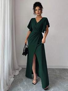 Elenzga Đầm nữ thanh lịch lãng mạn cổ chữ V tay bèo nhún eo ôm sát viền đuôi cá - xanh quân đội - Xem 6