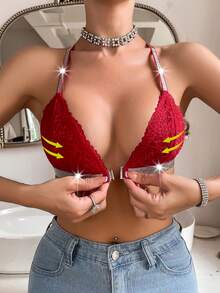 SHEIN 性感蕾絲銀色緞帶亮面舒適無鋼圈內衣女款 - 酒紅色 - 查看 4