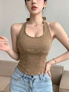 DAZY 女款休閒 Y2K 性感科技風水洗掛脖綁帶牛仔上衣，夏季夜店外出電音節穿搭，咖啡棕色 - 卡其色 - 查看 4