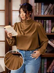 Vionelle Plus Size Women's Autumn/Winter New Ruched Elegant Commute Long Sleeve Loose Blouse Fall - Coffee Brown - View 6