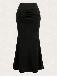 Breezaya Plus Size Solid Black High Waist Side Ruched Slim Fit Mermaid Maxi Skirt Women Summer Casual Going Out - Multicolor - View 2