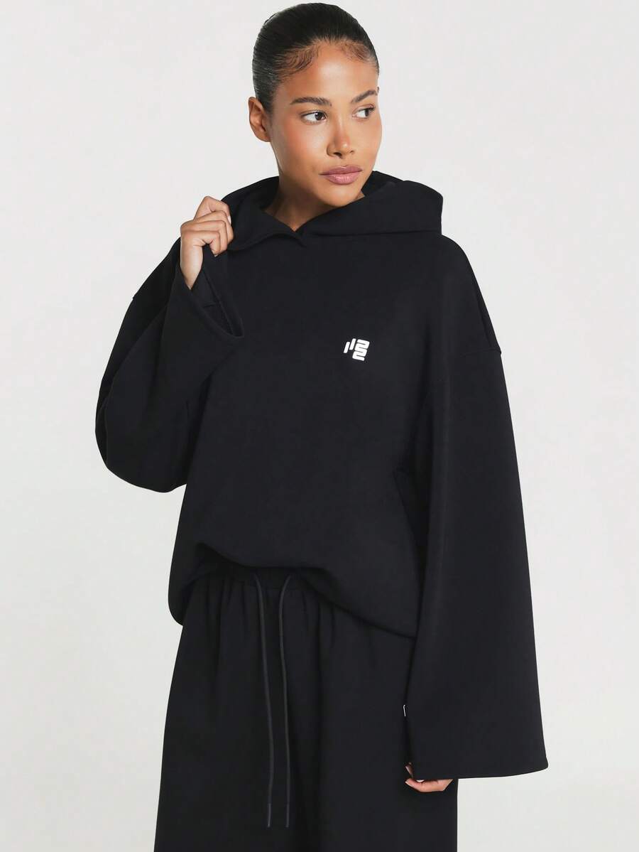 11SKNDS Oversized Cropped Hoodie With Wide Sleeves And Logo Detail, Relaxed Fit Pullover Sweatshirt For Casual Fall Winter Everyday Wear - Black - View 1