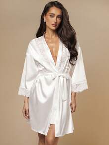 Silquee Vestaglia da donna in raso con bordi in pizzo, abbigliamento da relax di lusso, adatta per l'autunno e l'inverno - Bianco - Visualizzare 4