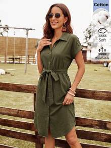 SHEIN LUNE 女款休閒夏季度假通勤日常基礎時尚外出穿搭短袖軍綠色中長洋裝 - 軍綠色 - 查看 6