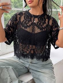 SHEIN EZwear 大尺碼女款蕾絲性感百搭上衣，適合約會與外出 - 黑色 - 查看 1