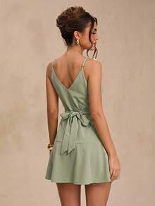 SHEIN BAE Spring Summer Sage Green Spaghetti Strap V-Neck Ruffle Waist Cinched Short A-Line Dress Fresh Sweet Beach Holiday Wedding Romantic Elegant - Green - View 4