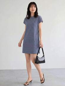 SHEIN LUNE 條紋印花口袋細節T恤連衣裙 - 藏蓝色 - 查看 6