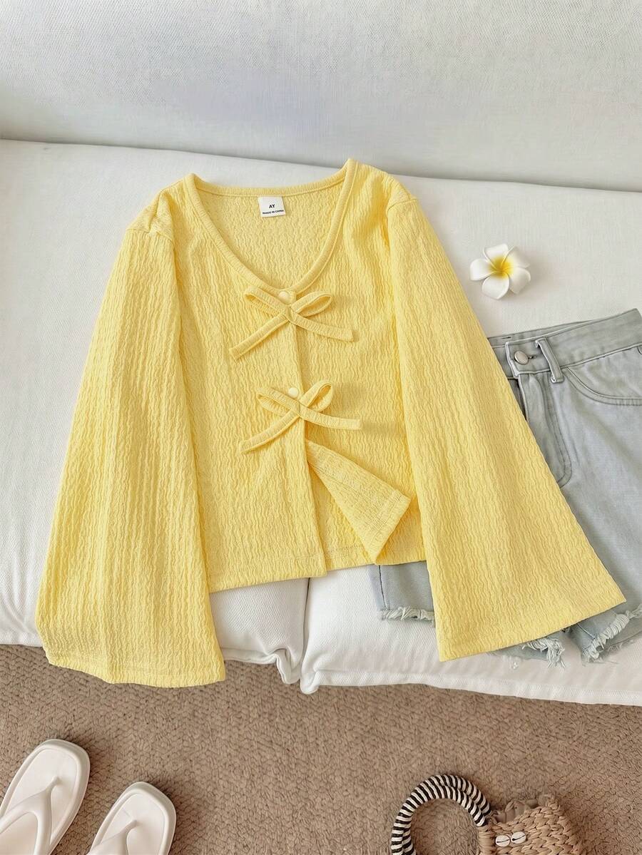 Elladie kids Girls' Solid Color Loose Bowknot Flared Sleeve Button-Up Shirt, Blouse For Vacation, Back To School, Outings, Long Sleeve Yellow Top, Autumn Fairy - Yellow - View 1