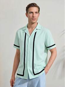 VeloEdit Blue Men's Summer Casual Plaid & Floral Print Shirt Textured Front Button Embroidered Premium Fabric Wardrobe Essentials Outfit Ideas Laid-Back Look - Blue - View 4