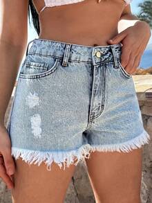 SHEIN Pantaloncini di jeans in cotone 100% a vita bassa con orlo sfrangiato - Lavaggio chiaro - Visualizzare 8