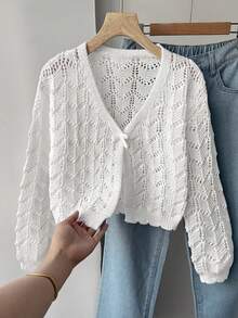 SHEIN Cardigan Rajut Berongga untuk Remaja Perempuan, Cocok untuk di Rumah, Jalan-jalan Santai, Liburan Pantai, Pesta, dan Lainnya, Nyaman, Serbaguna, dan Lembut - Putih - View 7