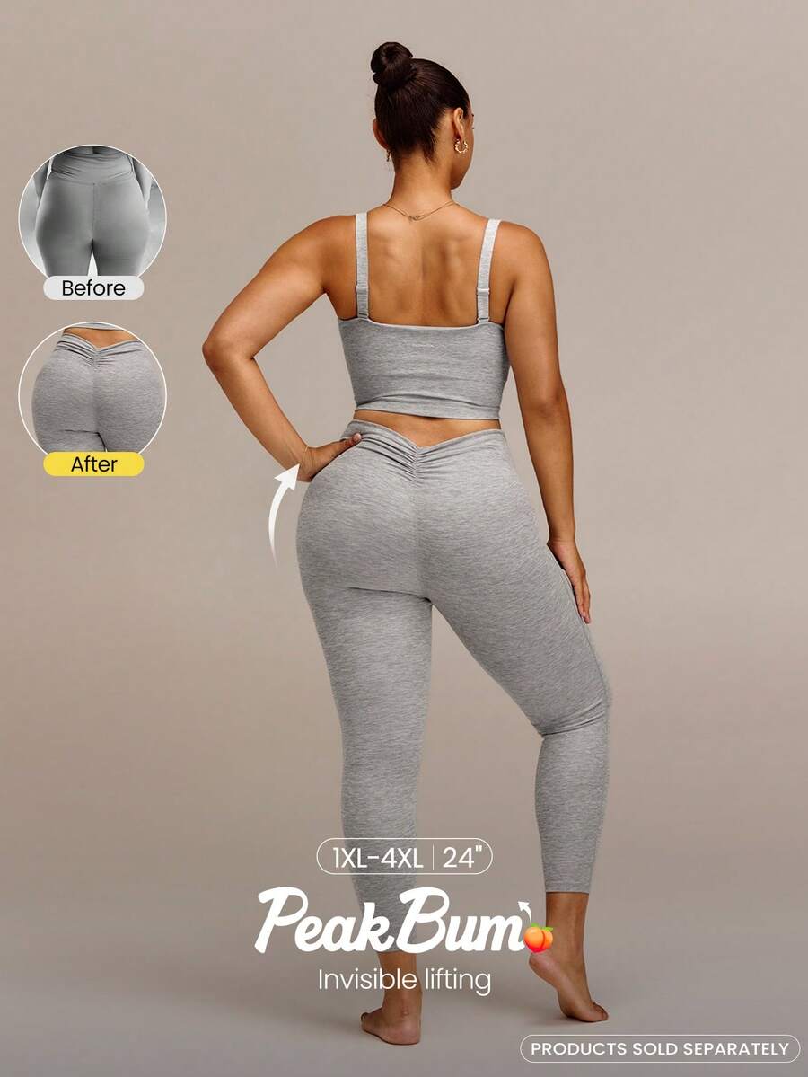 GLOWMODE 24'' Plus Size FeatherFit™-CloudBlend Ruched Waist Back Peakbum Invisible Butt Lifting Leggings Ballet Barre Studio Daily Casual - Light Grey - View 1