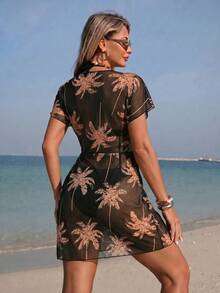 Swim Lushoire Đầm kimono buộc dây phía trước in hình cây cọ dành cho nữ, thích hợp cho kỳ nghỉ. - màu đen - Xem 2