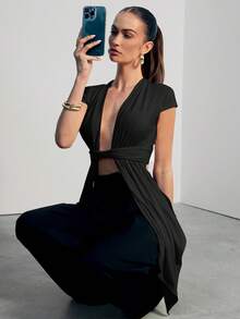 Hauture Women's Solid Color Deep V-Neck Asymmetrical Hem Cape Sleeve Sexy Top - Black - View 1