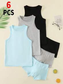 Set de 6 piezas de ropa interior básica de chaleco y calzoncillos para niños, fundamentos cómodos para capas - Multicolor - Ver 1
