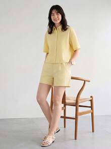 Yumoku 2pcs Women's Linen Striped Shirt & Shorts Set, Casual Summer Holiday Wear,Casual - Yellow - View 3