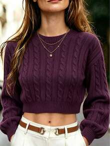 Franclia Casual Versatile Solid Color Cropped Sweater - Bold Plum - View 5