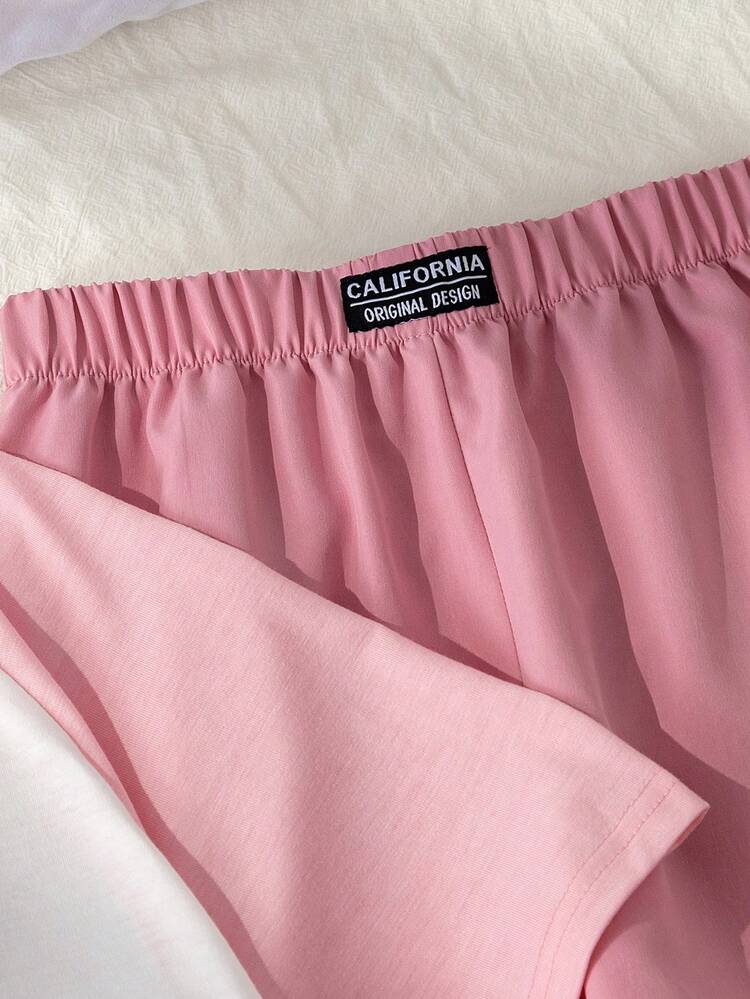 SHEIN Girls (Big) T-Shirt Set, Sporty Style Pink And Dark Green Color Block Short Sleeve T-Shirt And Shorts Set, Summer Loose Fit Snug Fit Design, Lightweight Fabric, Suitable For Daily Outings, Casual Sports Or Styling. - Pink - View 4