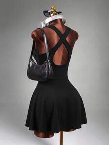 Mistrie Women's Solid Color Casual Cross-Back Sports Dress - Black - View 4