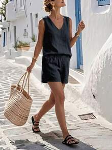 LUMIGAL 2pcs Solid Color Tank Top And Shorts Set For Vacation And Leisure - Navy Blue - View 4