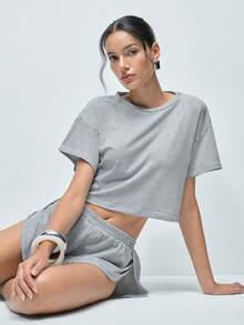 Softvol Set de 2 piezas compuesto por top holgado de punto a rayas con abertura lateral y shorts, conjunto informal de ropa de estar en casa - Negro - Ver 8