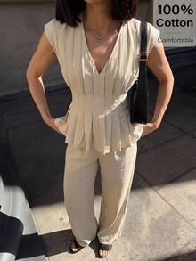 Siren Gaze 優雅棉質女款兩件套 百褶收腰荷葉邊上衣＋寬腿長褲 米色 夏季 適合上班、辦公室、早午餐、教師節 - 杏色 - 查看 9