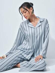 Softvol 两件套女士宽松舒适透气条纹长袖睡衣套装 - 灰色 - 查看 10