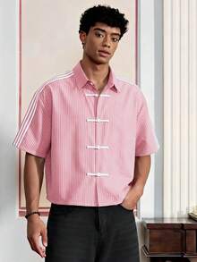 EASEVO Camisa de manga corta a rayas para hombre de talla grande con diseño de botones de rana - Rojo y blanco - Ver 8