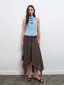 Nöista Stripe Midi Skirt With Smocked Waistband And Asymmetric Hem. Everyday, Brunch, Day-To-Night, Smart & Casual. Fall, Fall Winter Street Style. - Brown - View 1