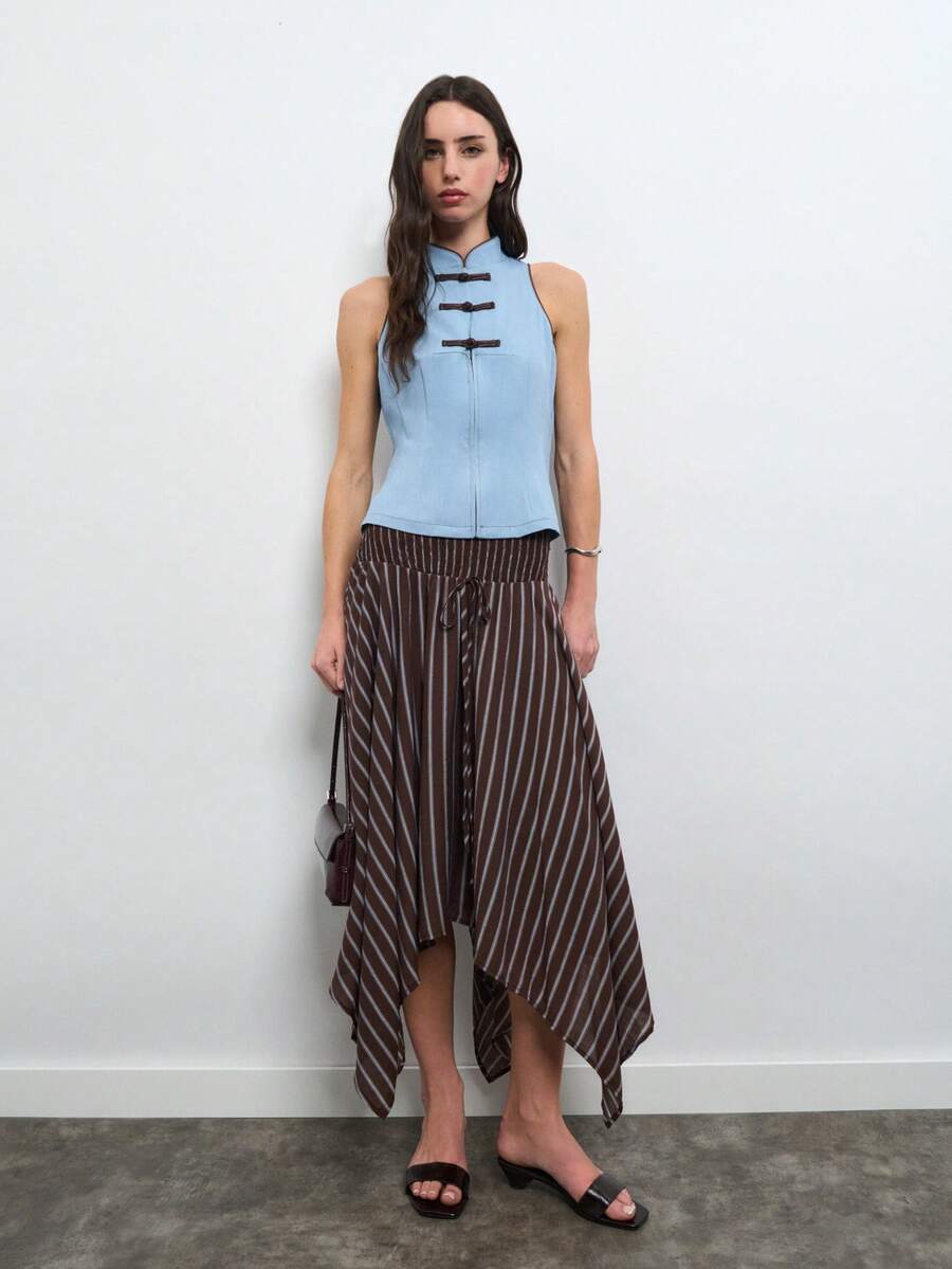 Nöista Stripe Midi Skirt With Smocked Waistband And Asymmetric Hem. Everyday, Brunch, Day-To-Night, Smart & Casual. Fall, Fall Winter Street Style. - Brown - View 1
