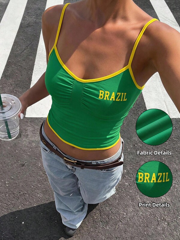 SHEIN Débardeur imprimé brésilien avec bordure contrastée verte