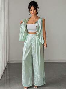 Elenzga Plus Size Women's Floral Print Metal Single-Breasted Top And Wide Leg Pants Casual Daily Outfit - Mint Green - View 6